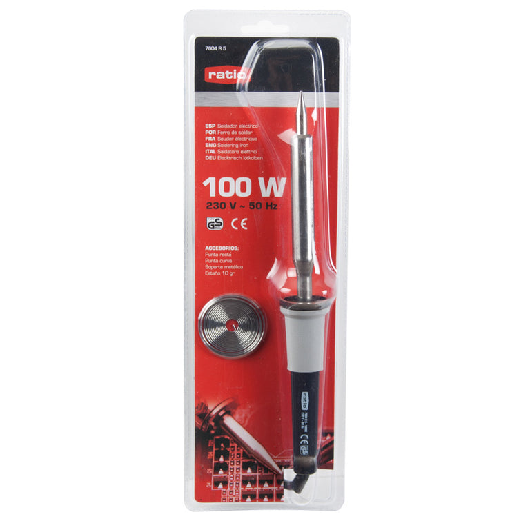 Kit soldador RATIO 100W en blíster con puntas de recambio, estaño y soporte