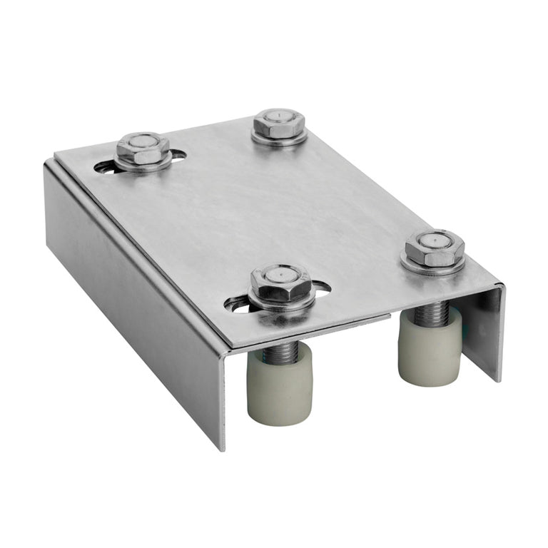 Caja de poleas guía regulable Estebro de acero con rodillos de nylon para puertas correderas.