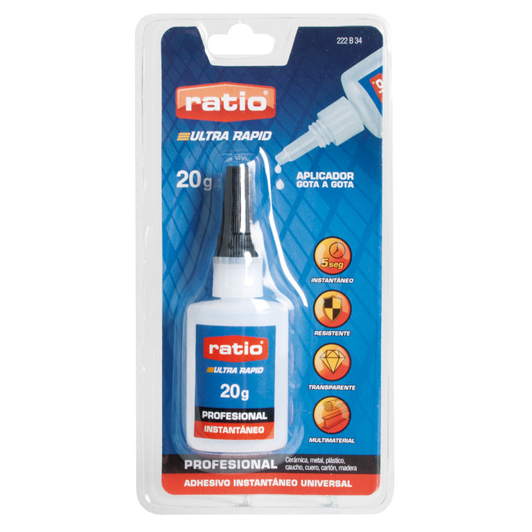 Adhesivo instantáneo RATIO Ultra Rapid 20g aplicador gota a gota para cerámica y metal.