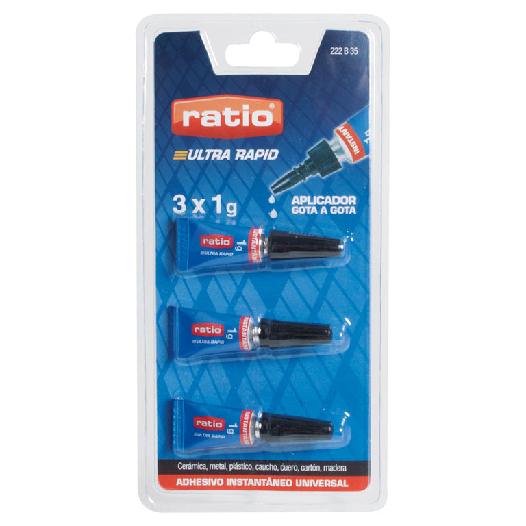 Pack de 3 tubos de 1g adhesivo instantáneo RATIO universal multi-material.