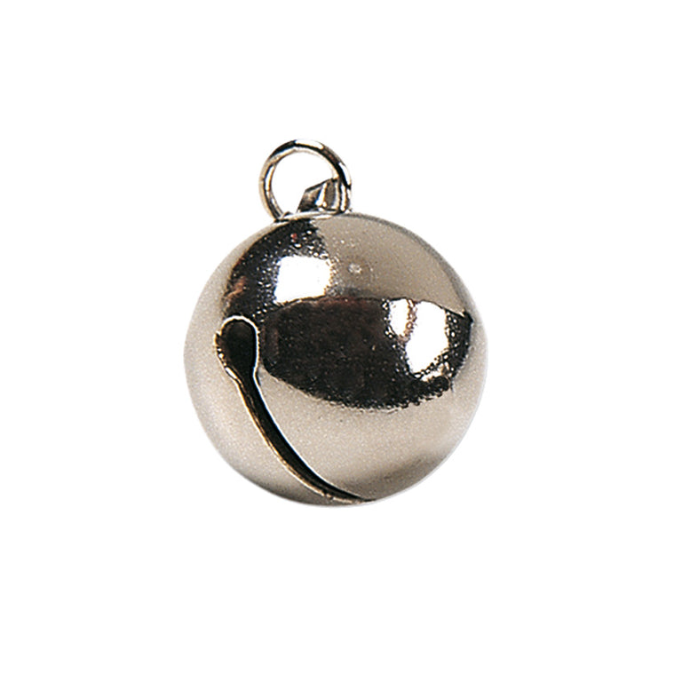 Cascabel metálico niquelado de forma esférica con ranura sonora y anilla de sujeción superior para manualidades.