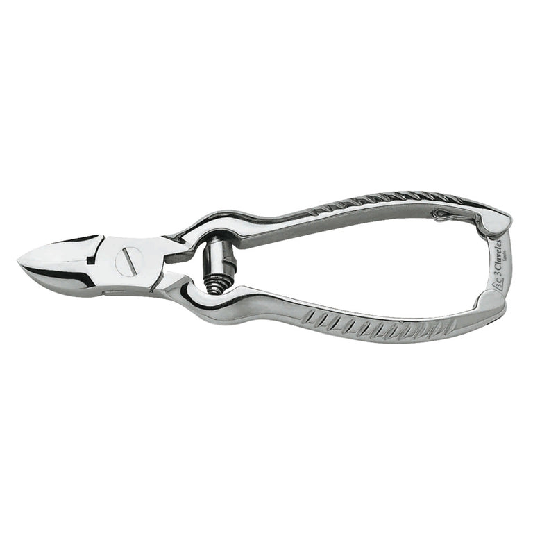 Alicate cortaúñas profesional 3 Claveles modelo americano de 11 cm con muelle cilíndrico y acabado en acero pulido.