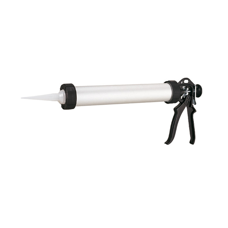 Pistola aplicadora de mortero para juntas RUBI 650cc con cuerpo de aluminio y gatillo ergonómico profesional.