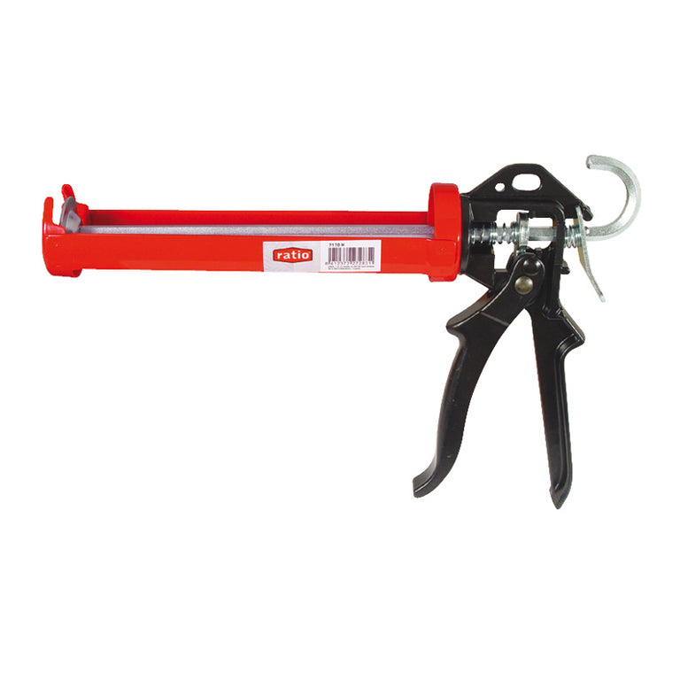 Pistola de silicona reforzada RATIO 7170 con cuerpo rojo, mango negro de aluminio y eje hexagonal de empuje.