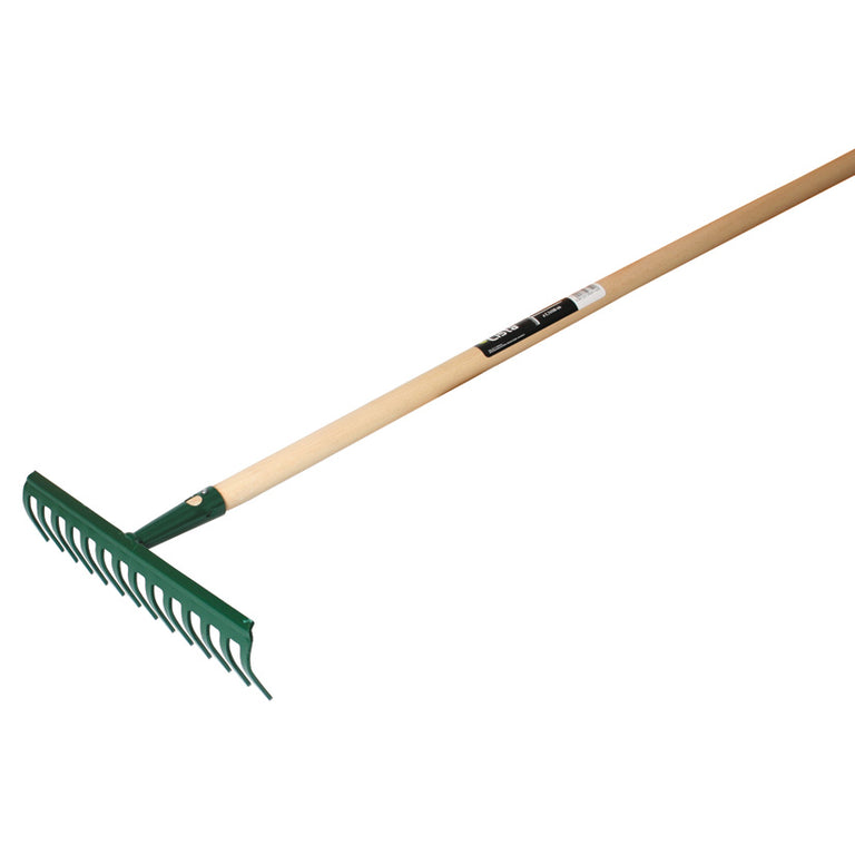 Rastrillo metálico de jardín color verde con mango largo de madera barnizada marca LISTA