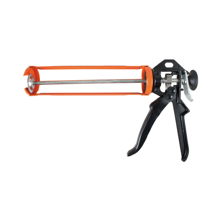 Pistola de silicona RATIO 7201 naranja de chapa pintada con mango de aluminio negro y eje liso sin cremallera