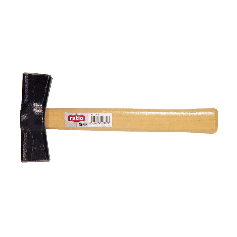 Maceta de albañil RATIO con cabeza de hierro forjado negra y mango de madera clara barnizada