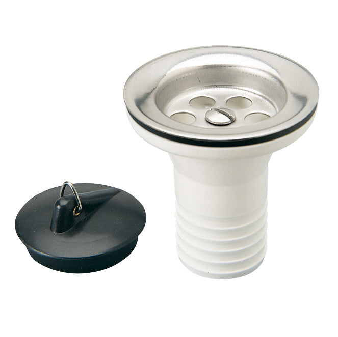 Válvula de desagüe HABITEX de acero inoxidable con tapón de PVC negro y cuerpo blanco para sifón flexible