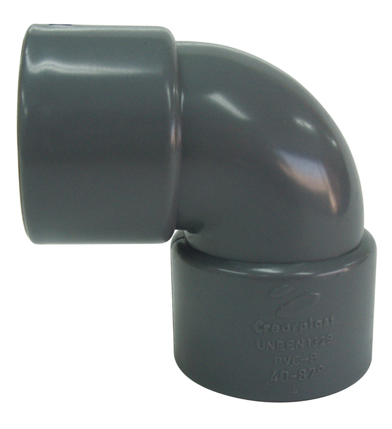 Codo de PVC gris Crearplast 87 grados hembra-hembra para evacuación de aguas, norma UNE EN 1329.