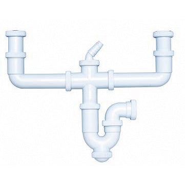 Sifón curvo extensible Crearplast C-48 para fregadero doble con toma de electrodomésticos y salida horizontal