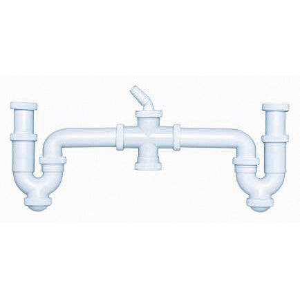 Sifón curvo doble Crearplast C-59 blanco con toma para electrodoméstico y racors extensibles para fregadero.