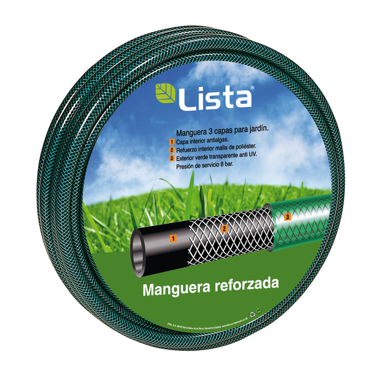 Manguera de jardín LISTA reforzada de 3 capas verde transparente con malla de poliéster y protección UV