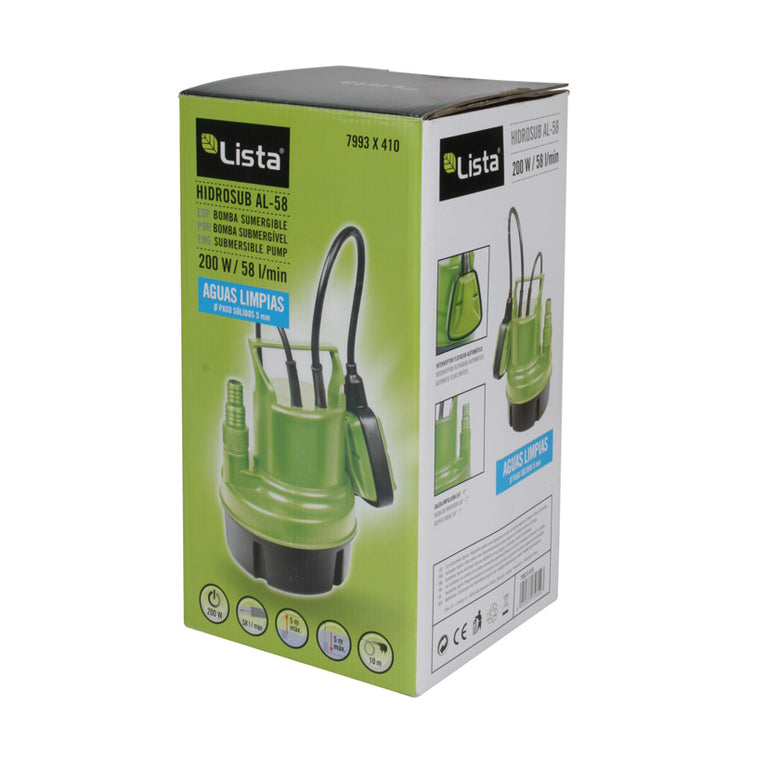 Caja del producto Bomba Sumergible LISTA Hidrosub AL-58 con especificaciones técnicas y diseño compacto.