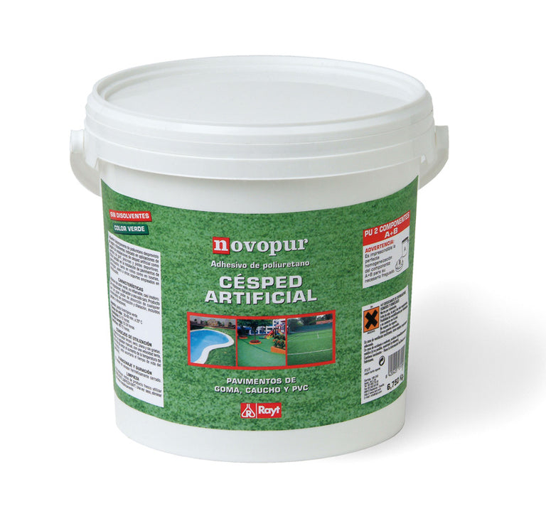 Bote de adhesivo bicomponente RAYT Novopur de 6,75 kg para instalación de césped artificial color verde.