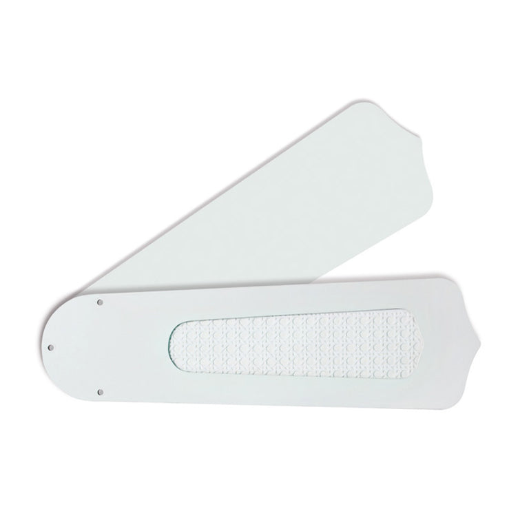 Detalle de las aspas reversibles del ventilador Habitex en color blanco y acabado rejilla.