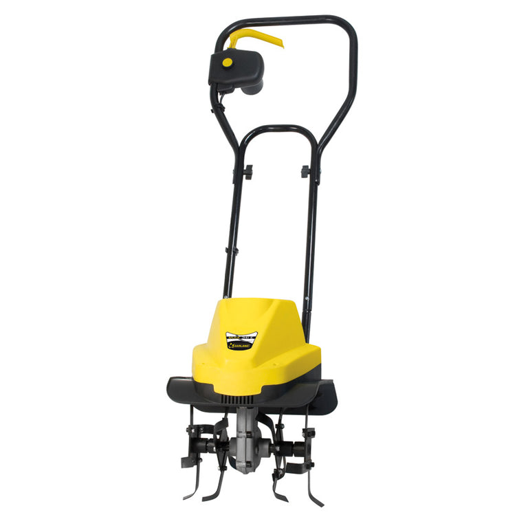 Motoazada eléctrica Garland Mule 341 E de 750W con 4 grupos de cuchillas de acero y diseño ergonómico amarillo.