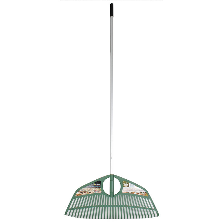 Escoba de jardín LISTA profesional de 70 cm con mango de aluminio y cabezal de polipropileno verde.