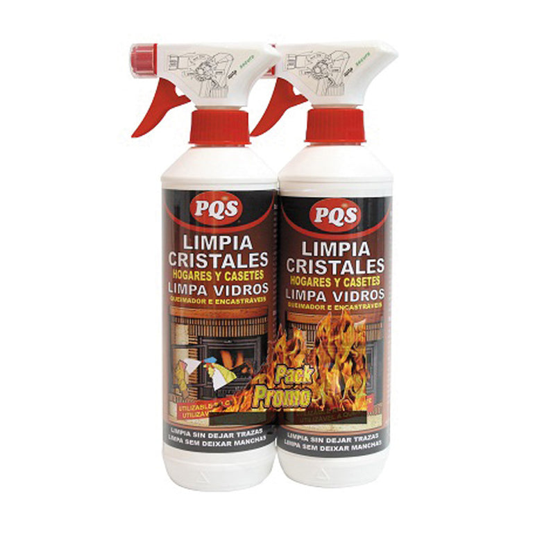 Pack promocional de dos botes spray limpiacristales PQS para chimeneas, hogares y casettes de 500ml cada uno.