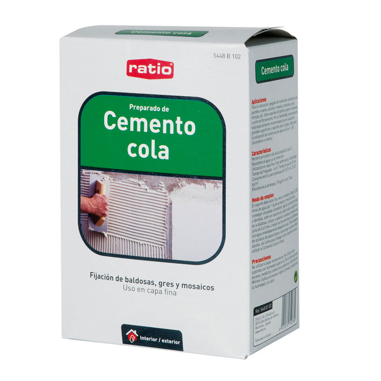 Envase de 2kg de Cemento Cola RATIO para fijación de baldosas y gres en interior y exterior.