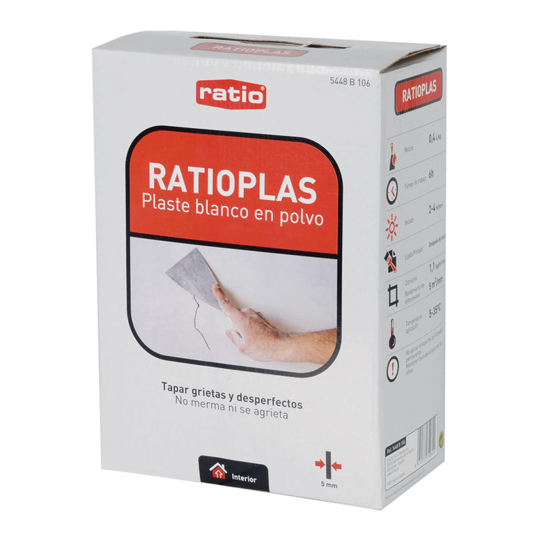Caja de masilla en polvo Ratioplas RATIO de 5 kg para reparación de grietas y alisado de paredes interiores.