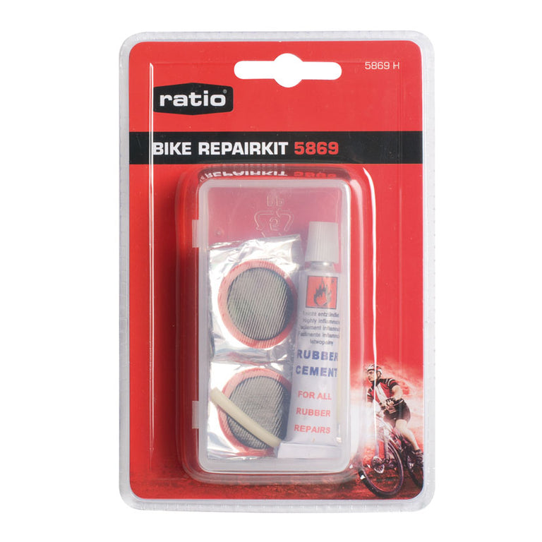 Kit de reparación de pinchazos RATIO 5869 en blíster con parches, pegamento y rascador para bicicleta.