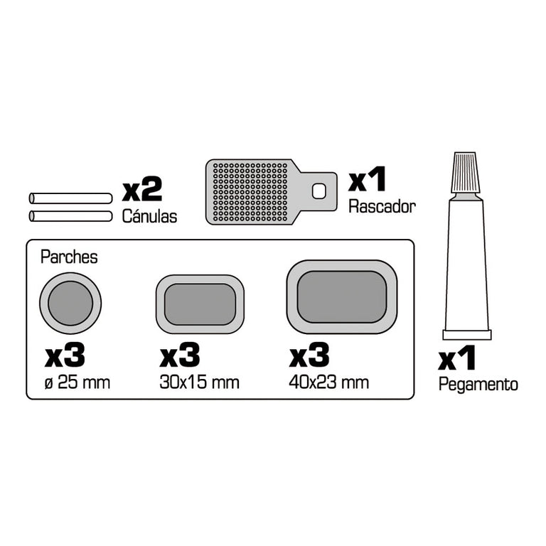 Despiece del kit RATIO: 9 parches de tres tamaños, rascador metálico, 2 cánulas y tubo de pegamento para caucho.