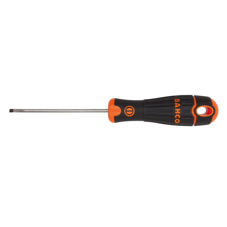 Destornillador de punta plana BahcoFit con mango ergonómico de goma negro y naranja