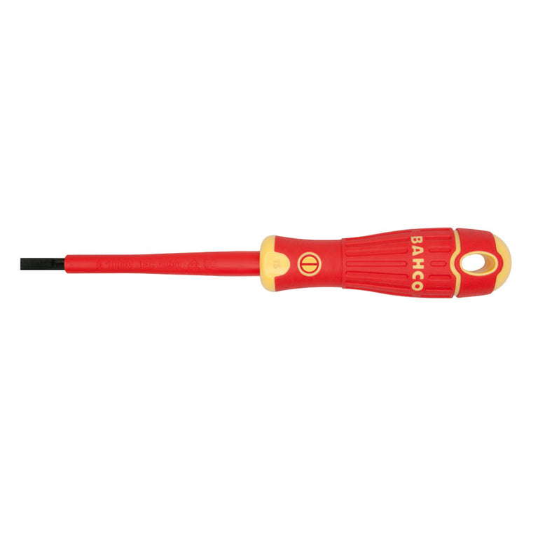 Destornillador aislado BahcoFit de punta plana con mango ergonómico rojo y amarillo certificado VDE 1000V