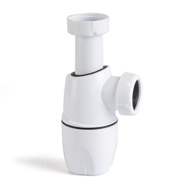 Sifón de botella extensible Jimten Juntafix 1 1/4 blanco con salida horizontal y racor de conexión.