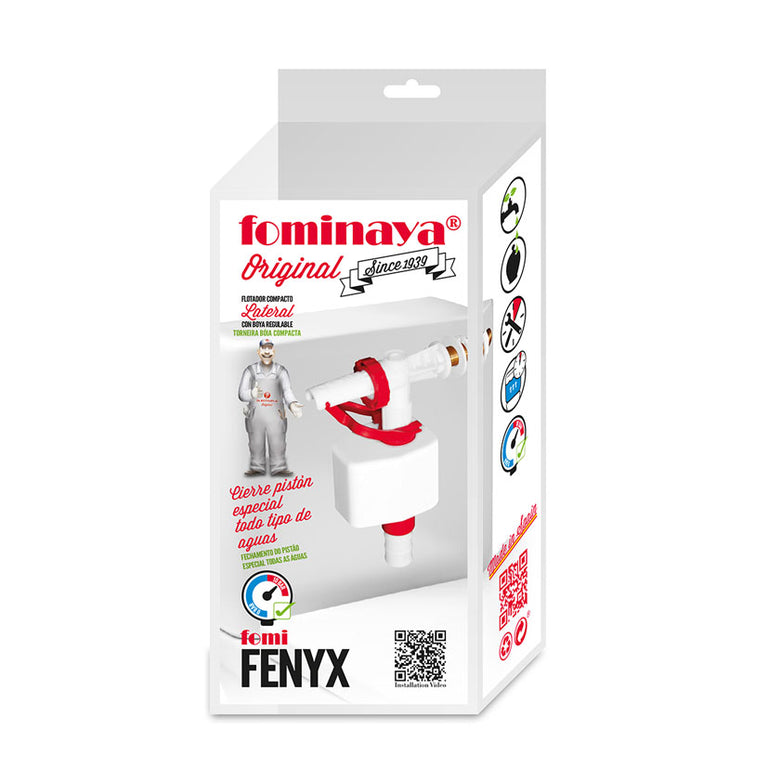 Caja del producto Fominaya Fenyx lateral con especificaciones técnicas y código QR de instalación.