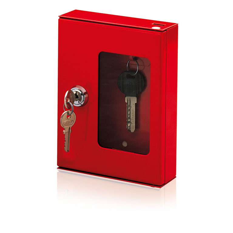 Caja guardallaves de emergencia JOMA roja con ventana de cristal, cerradura y llave de repuesto visible en el interior.