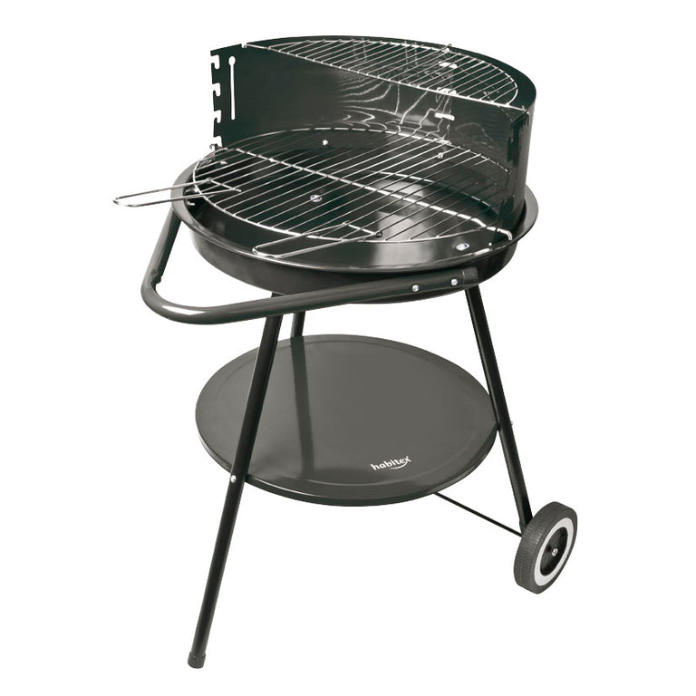 Barbacoa de carbón HABITEX Supergrill 45 con estructura de acero lacado y ruedas de transporte.