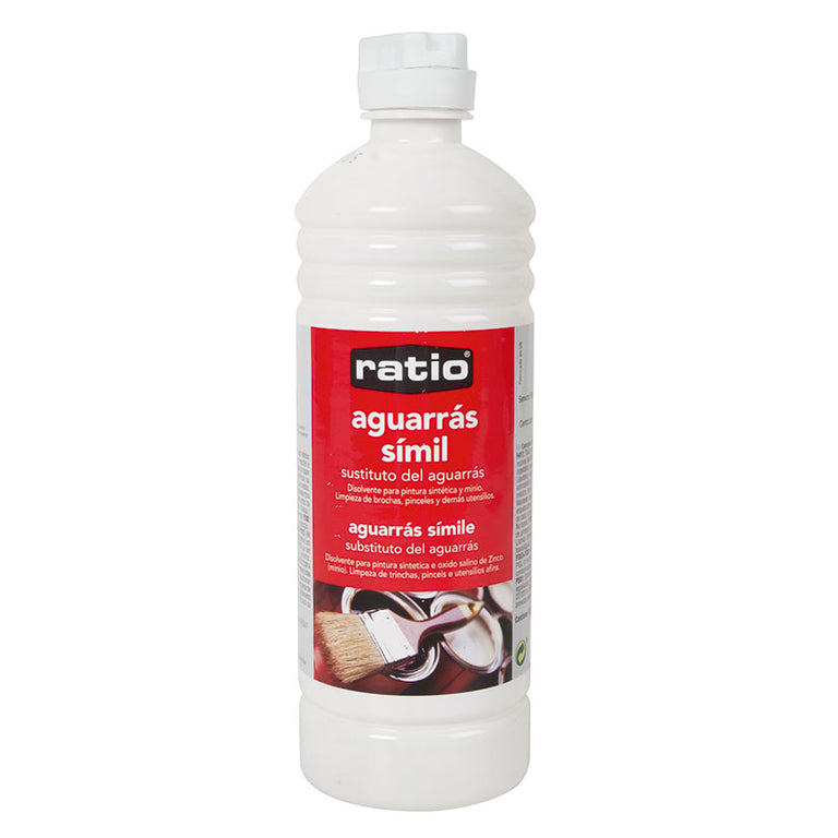 Botella de aguarrás símil RATIO para dilución de pintura sintética y limpieza de herramientas de bricolaje.