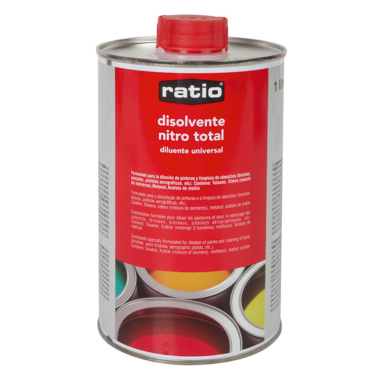 Envase metálico de 1 litro de disolvente nitro total RATIO con tapón de seguridad rojo.