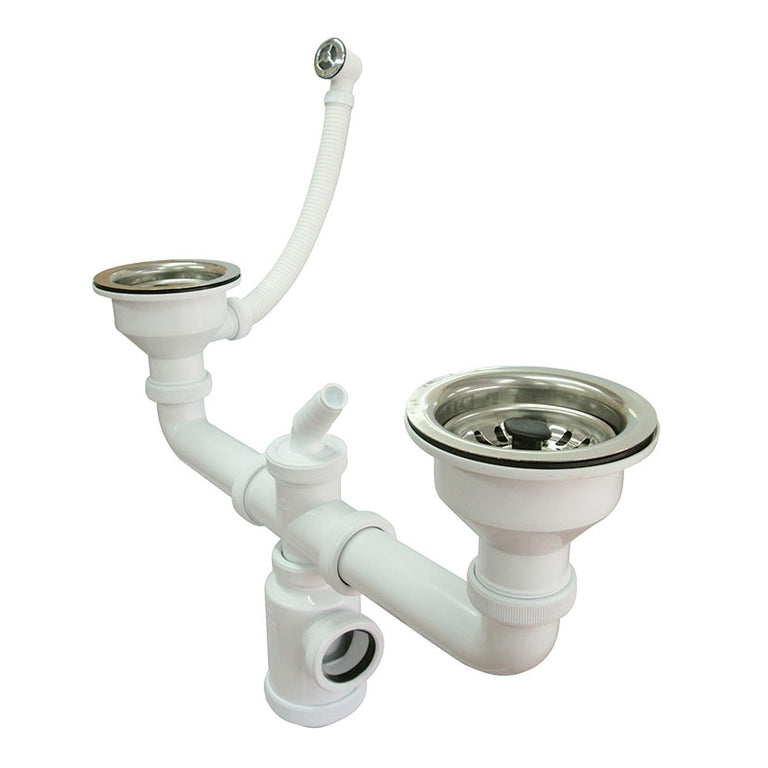 Sifón doble extensible CREARPLAST C-284 con válvulas de acero inoxidable, rebosadero y toma para electrodomésticos