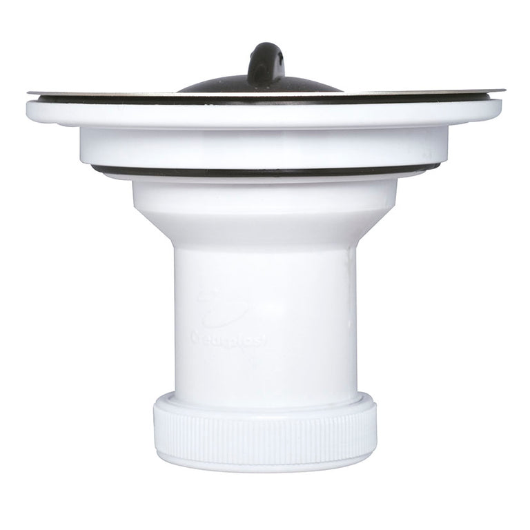 Válvula de desagüe para fregadero Crearplast C-82 de 115 mm en acero inoxidable y PVC blanco con tapón negro