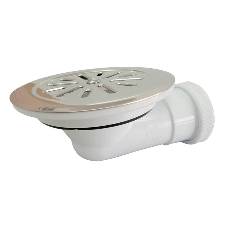 Válvula sifónica para plato de ducha Crearplast C-97 con rejilla de acero inoxidable y salida horizontal blanca.