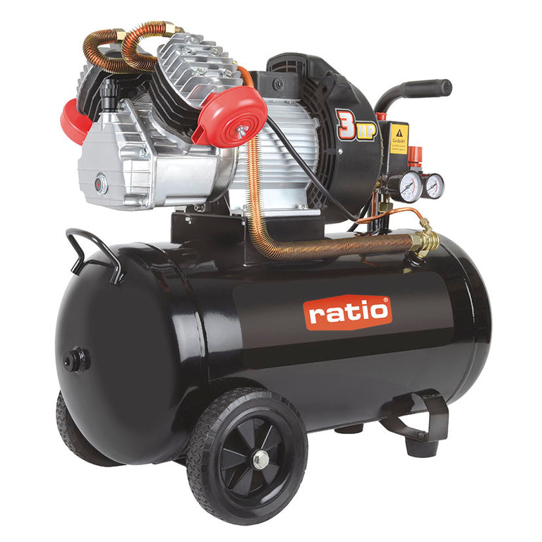 Compresor de aire profesional RATIO PRO-50/3HP con calderín negro de 50 litros y motor de doble cabezal en V.