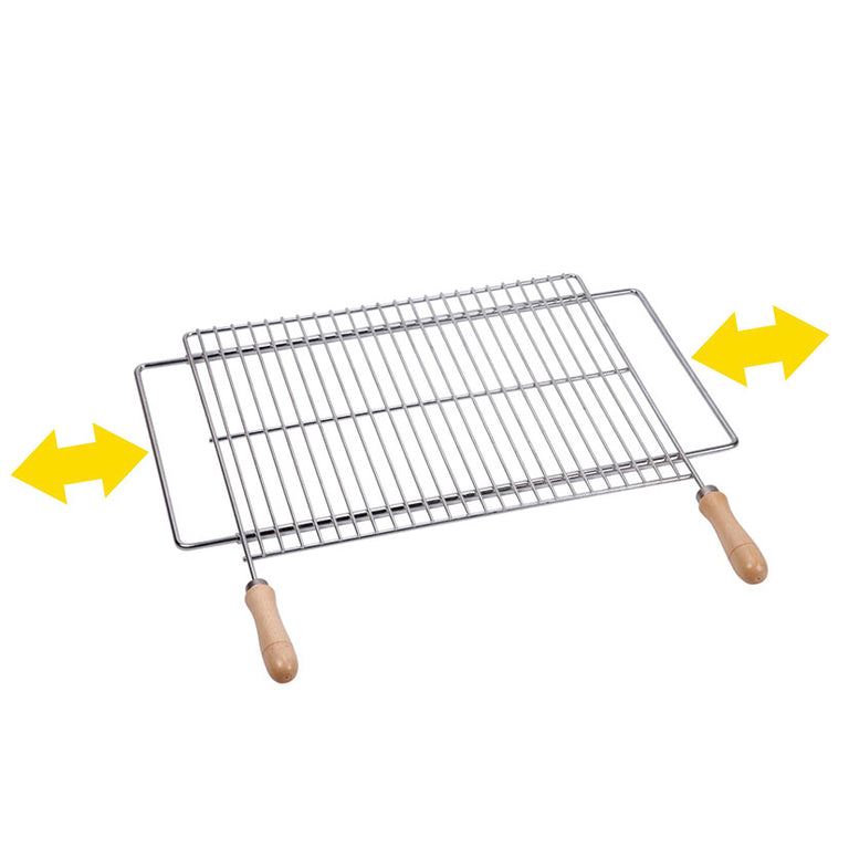 Parrilla extensible de acero cincado con mangos de madera y flechas indicadoras de ajuste lateral