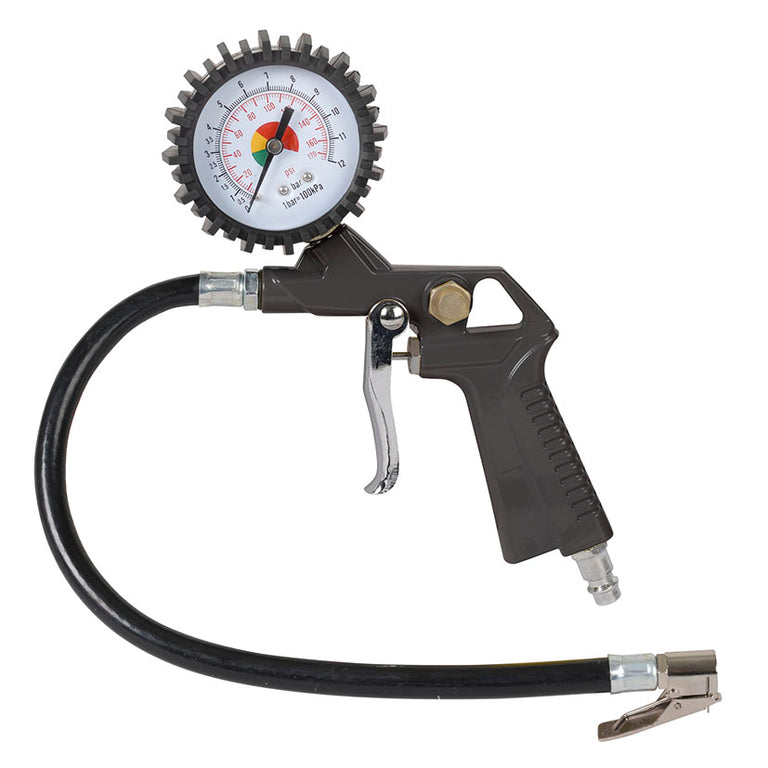 Pistola de inflado neumática RATIO con manómetro protegido y latiguillo flexible para neumáticos.