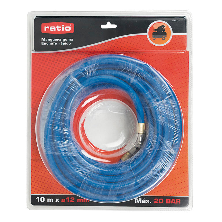 Blíster de manguera de goma RATIO 10m x 12mm para aire comprimido con presión máxima de 20 Bar.