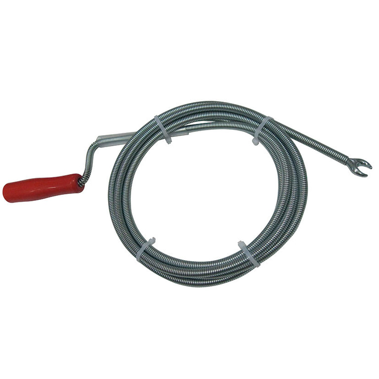Desobturador flexible HABITEX de acero elástico con mango rojo y punta de garra para desatascar tuberías.