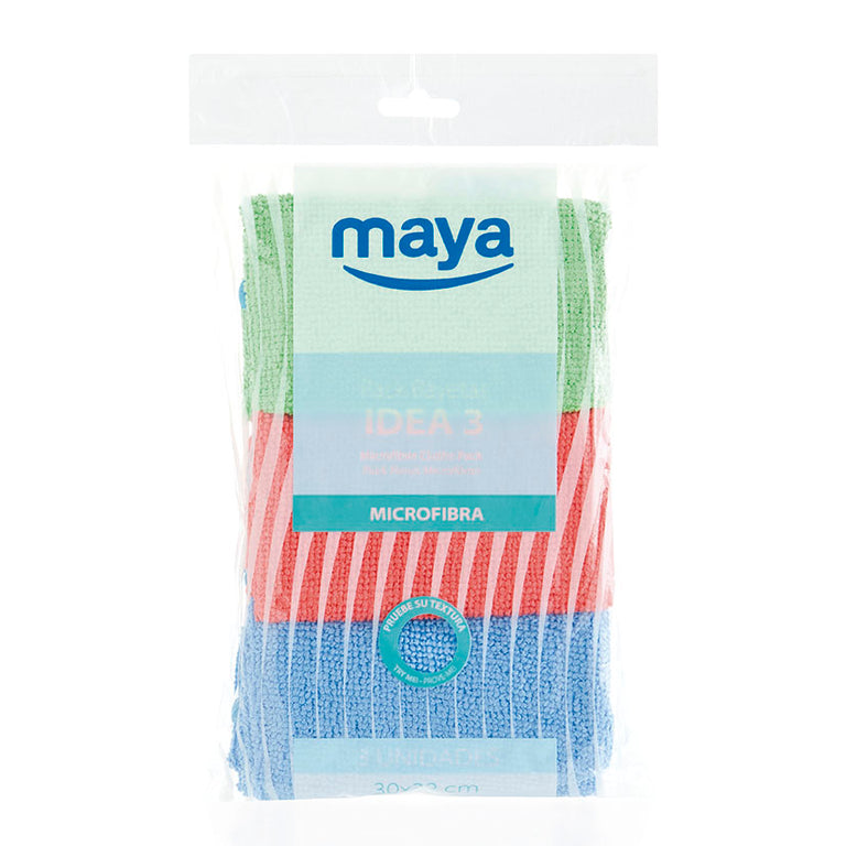 Pack de 3 bayetas de microfibra Maya Microtex Idea 3 en colores azul, rojo y verde de 30x32 cm.