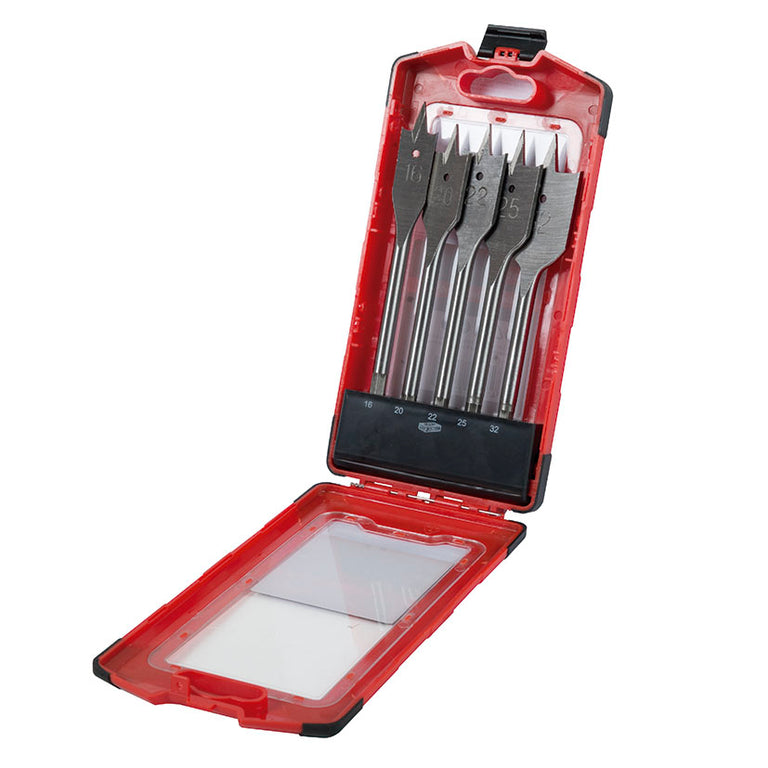 Estuche abierto con juego de 5 brocas de pala RATIO para madera de 16 a 32 mm