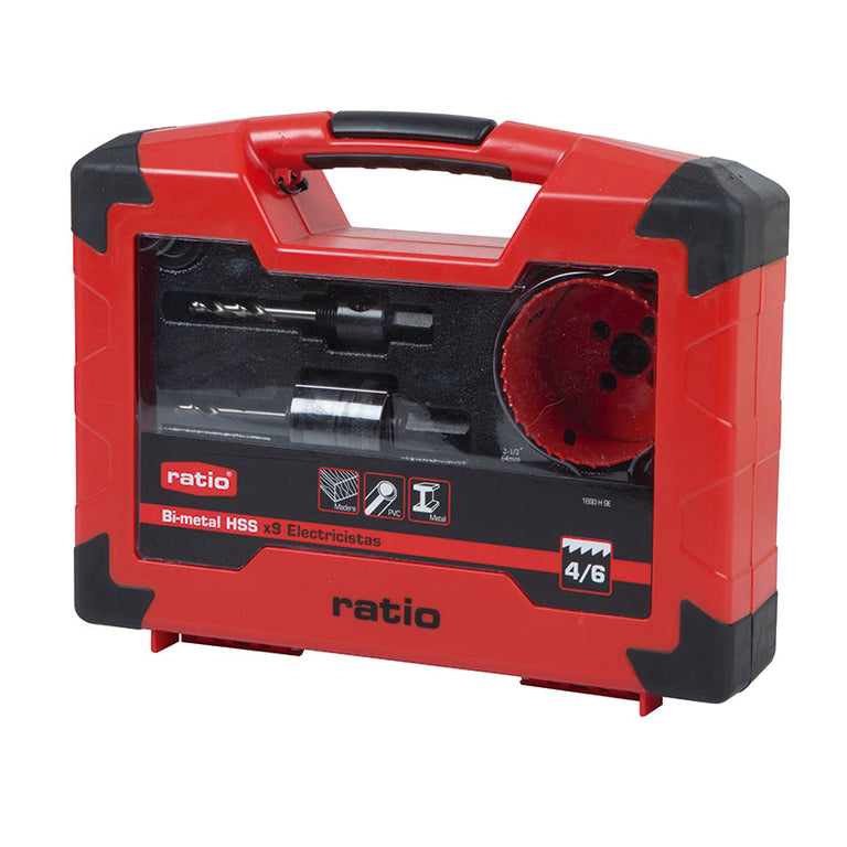Maletín de transporte rojo y negro RATIO con kit de sierras corona bimetal HSS para metal, madera y PVC