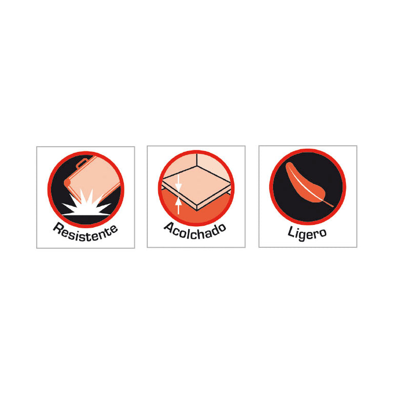 Iconos descriptivos del maletín RATIO: resistente a impactos, interior acolchado y peso ligero.
