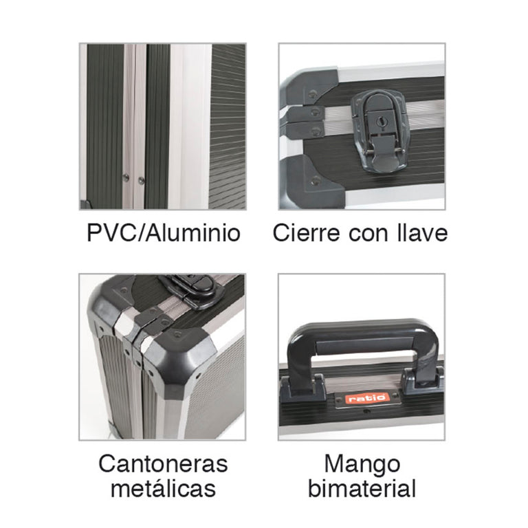 Detalles técnicos del maletín: estructura PVC-aluminio, cierre con llave, cantoneras y mango ergonómico.