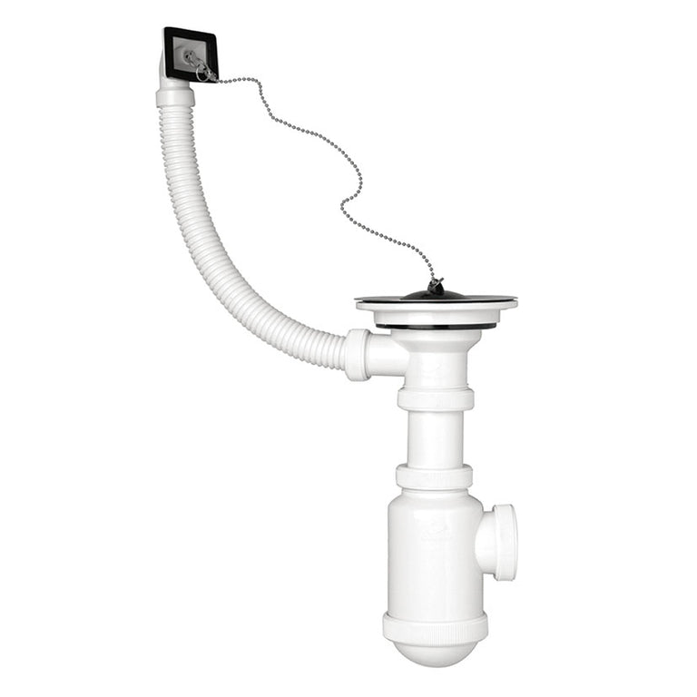 Sifón botella CREARPLAST C-281 blanco con válvula de acero inoxidable, rebosadero flexible y tapón con cadena.