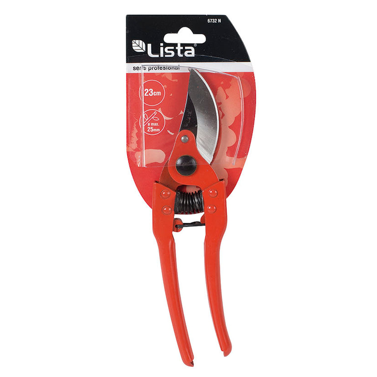 Blíster de tijera de poda LISTA 6732 indicando longitud de 23cm y capacidad de corte de 25mm.