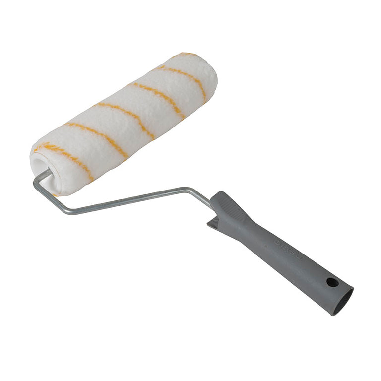 Rodillo antigota RATIO serie Brico con mango ergonómico gris y rodillo de poliamida blanco.